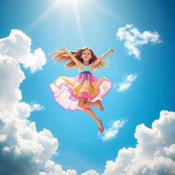 A beautiful girl dancing joyfully in the sky, surrounded by fluffy white clouds and a bright blue background