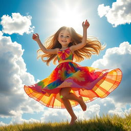 A beautiful girl dancing joyfully in the sky, surrounded by fluffy white clouds and a bright blue background