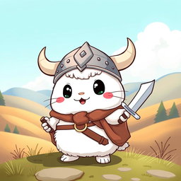 An adorable Viking-themed Cinnamoroll, featuring him with a playful Viking helmet adorned with horns