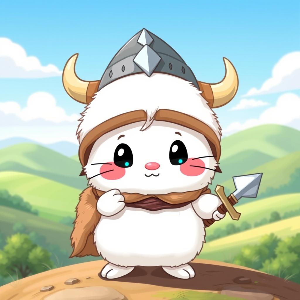 An adorable Viking-themed Cinnamoroll, featuring him with a playful Viking helmet adorned with horns
