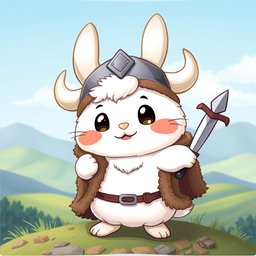 An adorable Viking-themed Cinnamoroll, featuring him with a playful Viking helmet adorned with horns