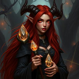 A striking dark red-haired female Tiefling warlock, with long, flowing hair cascading over her shoulders