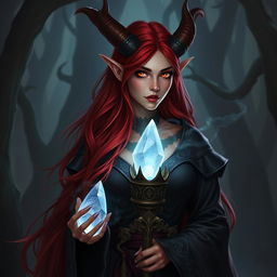 A striking dark red-haired female Tiefling warlock, with long, flowing hair cascading over her shoulders