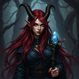 A striking dark red-haired female Tiefling warlock, with long, flowing hair cascading over her shoulders