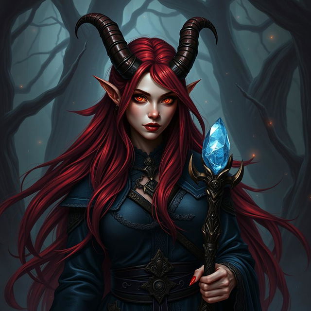 A striking dark red-haired female Tiefling warlock, with long, flowing hair cascading over her shoulders