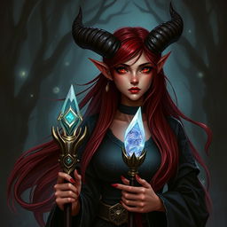 A striking dark red-haired female Tiefling warlock, with long, flowing hair cascading over her shoulders