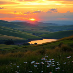 A beautiful scenic landscape featuring rolling hills, lush green fields, and a vibrant sunset casting warm tones across the sky