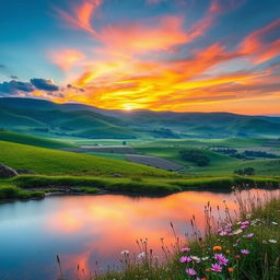 A beautiful scenic landscape featuring rolling hills, lush green fields, and a vibrant sunset casting warm tones across the sky