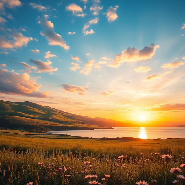 A beautiful scenic landscape featuring rolling hills, lush green fields, and a vibrant sunset casting warm tones across the sky