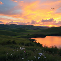 A beautiful scenic landscape featuring rolling hills, lush green fields, and a vibrant sunset casting warm tones across the sky