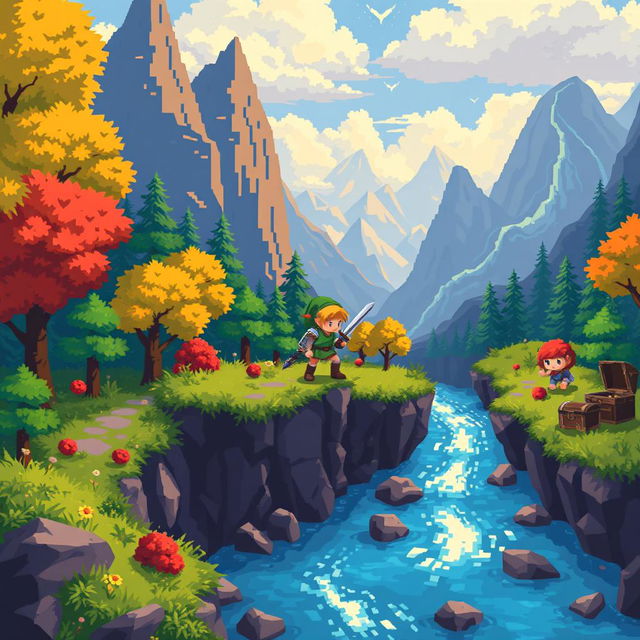 An 8-bit HD artwork inspired by classic video games, featuring elements reminiscent of fantasy adventures similar to Zelda