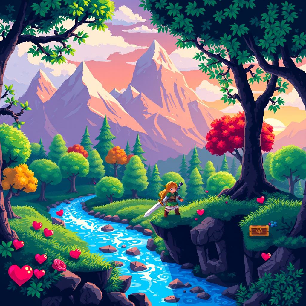 An 8-bit HD artwork inspired by classic video games, featuring elements reminiscent of fantasy adventures similar to Zelda