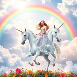 A vivid rainbow arching across a bright blue sky, with a beautiful girl riding a majestic unicorn