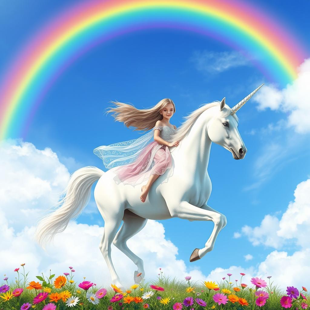 A vivid rainbow arching across a bright blue sky, with a beautiful girl riding a majestic unicorn