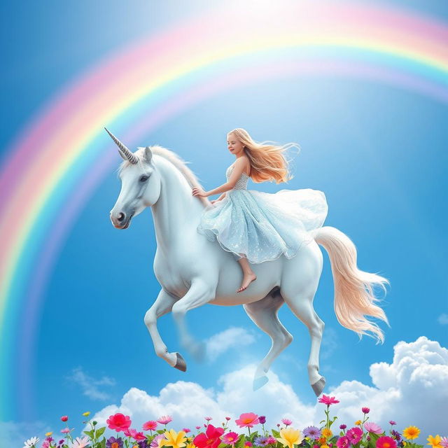 A vivid rainbow arching across a bright blue sky, with a beautiful girl riding a majestic unicorn