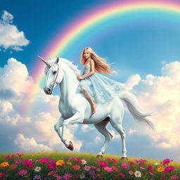 A vivid rainbow arching across a bright blue sky, with a beautiful girl riding a majestic unicorn