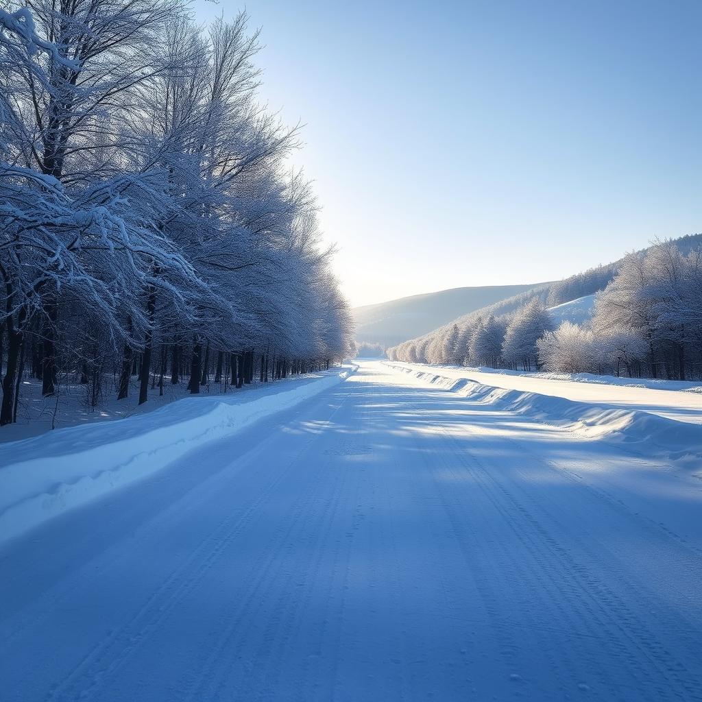 A serene winter landscape featuring a tranquil road blanketed in fresh, powdery snow