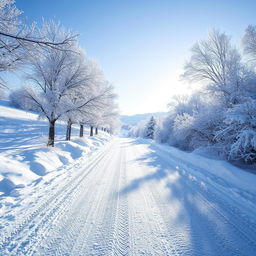 A serene winter landscape featuring a tranquil road blanketed in fresh, powdery snow