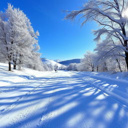 A serene winter landscape featuring a tranquil road blanketed in fresh, powdery snow
