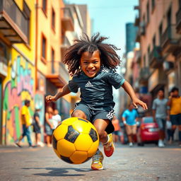 A vibrant scene of a young boy resembling the iconic footballer Ronaldinho, joyfully dribbling a bright football in the lively streets of Sao Paulo, Brazil