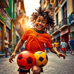 A vibrant scene of a young boy resembling the iconic footballer Ronaldinho, joyfully dribbling a bright football in the lively streets of Sao Paulo, Brazil
