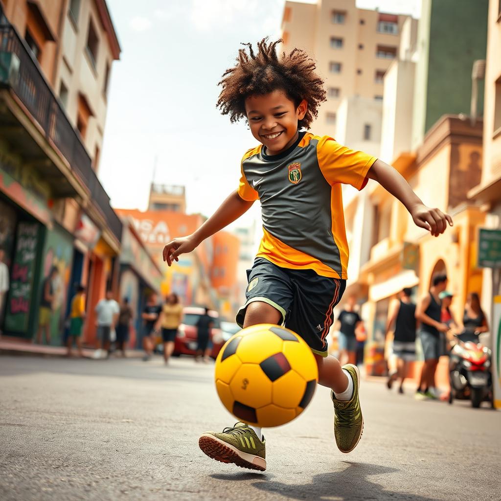 A vibrant scene of a young boy resembling the iconic footballer Ronaldinho, joyfully dribbling a bright football in the lively streets of Sao Paulo, Brazil