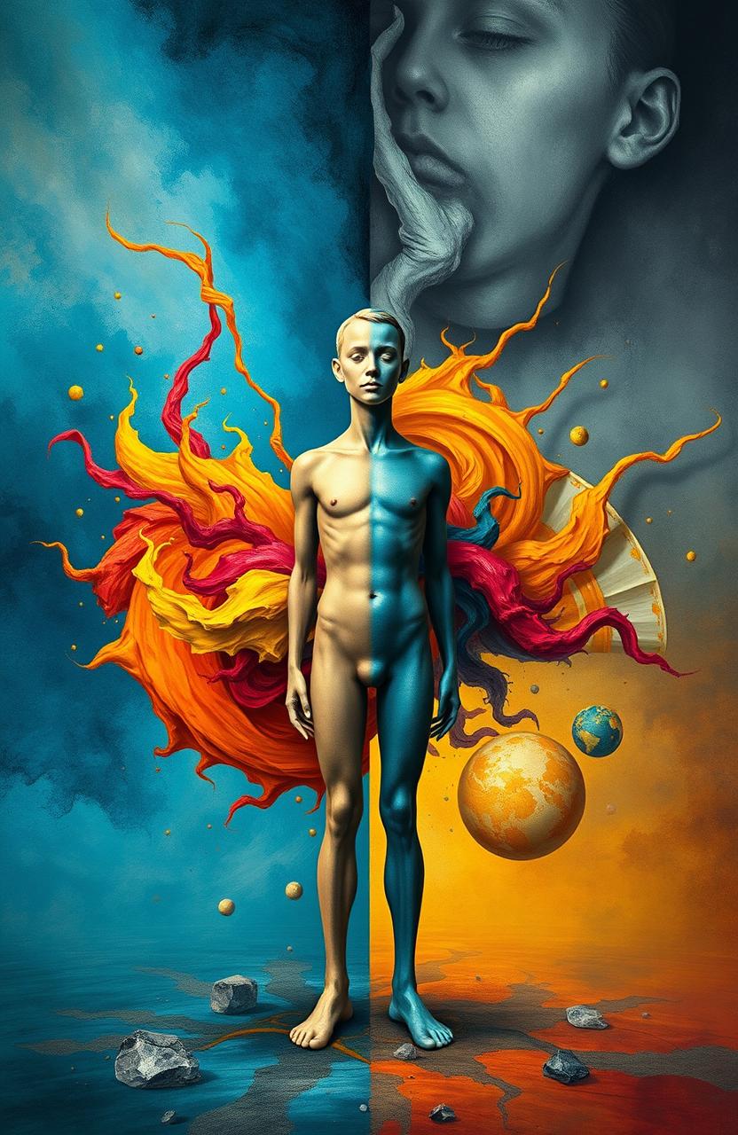 A surreal representation of bipolar disorder, showcasing the contrast between extreme emotions