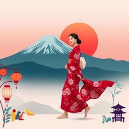 A graceful lady dressed in a traditional Japanese yukata walking barefoot on one side of Mount Fuji during a picturesque red sunrise