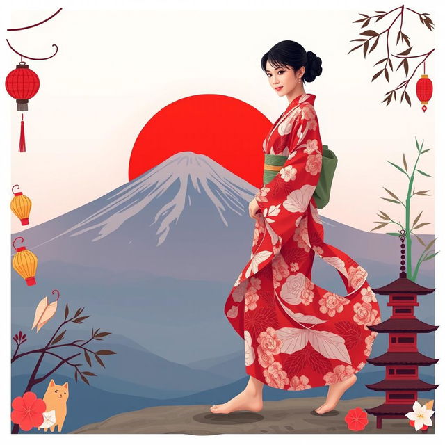 A graceful lady dressed in a traditional Japanese yukata walking barefoot on one side of Mount Fuji during a picturesque red sunrise