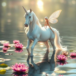 A majestic unicorn standing gracefully in a shimmering body of water, with a beautiful tall fairy hovering nearby