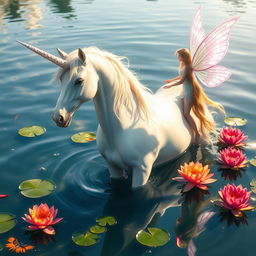 A majestic unicorn standing gracefully in a shimmering body of water, with a beautiful tall fairy hovering nearby