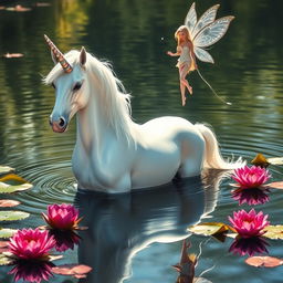 A majestic unicorn standing gracefully in a shimmering body of water, with a beautiful tall fairy hovering nearby
