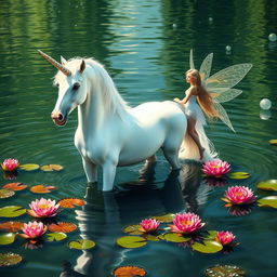 A majestic unicorn standing gracefully in a shimmering body of water, with a beautiful tall fairy hovering nearby