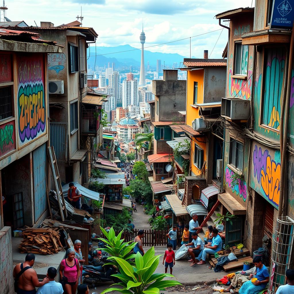 A vibrant and detailed portrayal of the slums of São Paulo, Brazil, featuring colorful street art on weathered buildings, crowded narrow alleys with people going about their daily lives, the mix of poverty and resilience among the residents, vivid tropical plants growing amidst the concrete, children playing with makeshift toys, and a backdrop of the iconic São Paulo skyline in the distance