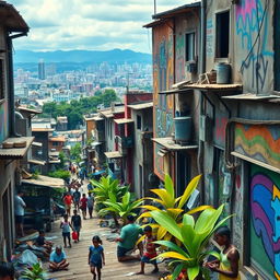 A vibrant and detailed portrayal of the slums of São Paulo, Brazil, featuring colorful street art on weathered buildings, crowded narrow alleys with people going about their daily lives, the mix of poverty and resilience among the residents, vivid tropical plants growing amidst the concrete, children playing with makeshift toys, and a backdrop of the iconic São Paulo skyline in the distance