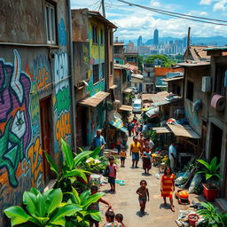 A vibrant and detailed portrayal of the slums of São Paulo, Brazil, featuring colorful street art on weathered buildings, crowded narrow alleys with people going about their daily lives, the mix of poverty and resilience among the residents, vivid tropical plants growing amidst the concrete, children playing with makeshift toys, and a backdrop of the iconic São Paulo skyline in the distance