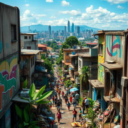 A vibrant and detailed portrayal of the slums of São Paulo, Brazil, featuring colorful street art on weathered buildings, crowded narrow alleys with people going about their daily lives, the mix of poverty and resilience among the residents, vivid tropical plants growing amidst the concrete, children playing with makeshift toys, and a backdrop of the iconic São Paulo skyline in the distance
