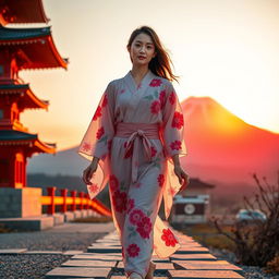 A sexy Japanese lady walking barefoot near Mount Fuji, wearing a transparent yukata adorned with vibrant flowery motifs