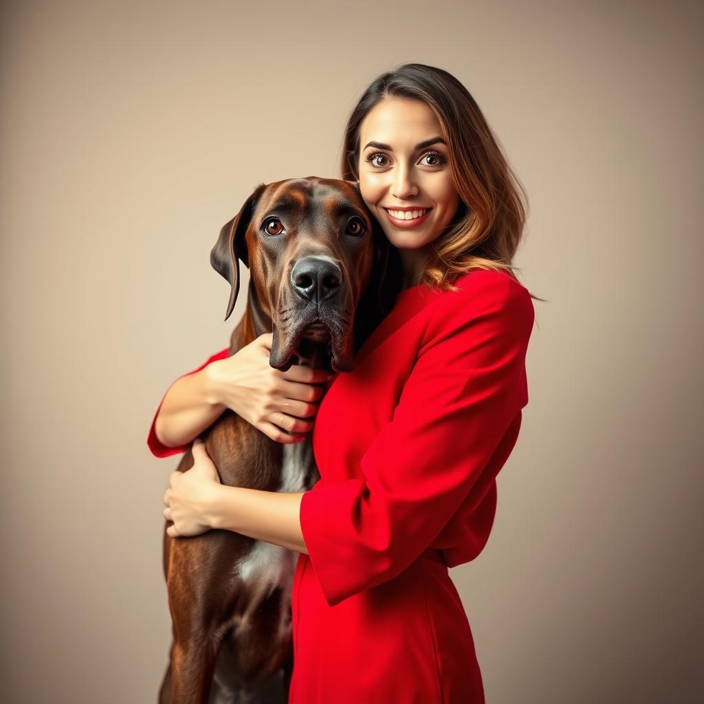 A beautiful 30-year-old woman dressed in a striking red outfit stands front-facing, looking directly at the camera with a surprised expression