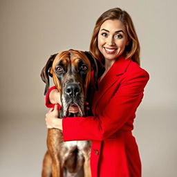 A beautiful 30-year-old woman dressed in a striking red outfit stands front-facing, looking directly at the camera with a surprised expression