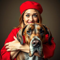 A beautiful 30-year-old woman dressed in a striking red outfit stands front-facing, looking directly at the camera with a surprised expression
