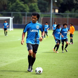 A nostalgic scene depicting Ronaldinho during his training days with Grêmio football club in the 1990s