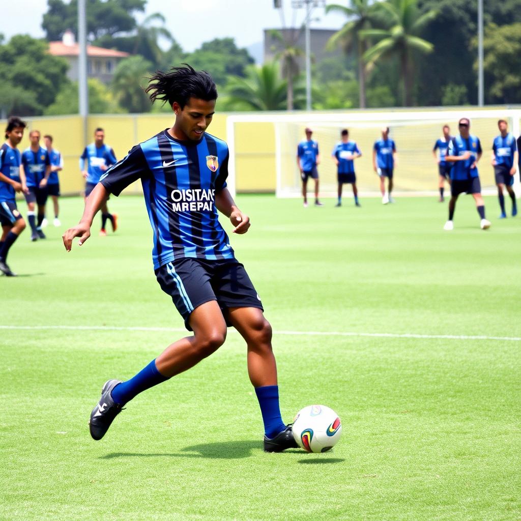 A nostalgic scene depicting Ronaldinho during his training days with Grêmio football club in the 1990s