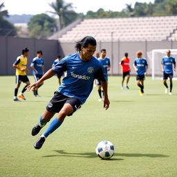 A nostalgic scene depicting Ronaldinho during his training days with Grêmio football club in the 1990s