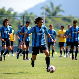 A nostalgic scene depicting Ronaldinho during his training days with Grêmio football club in the 1990s