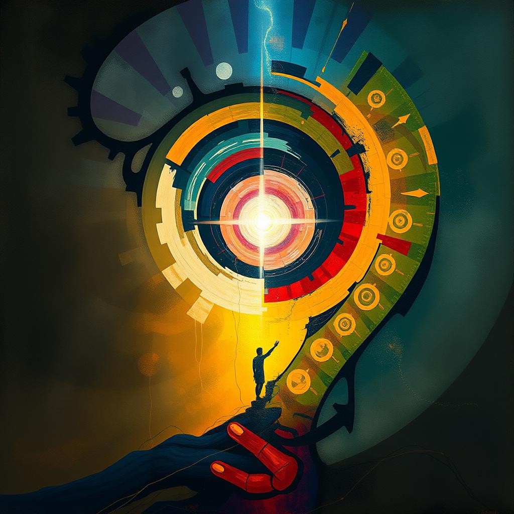 An abstract interpretation of the journey from the darkness of the soul to wisdom, representing the modern man's quest for enlightenment