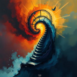 An abstract interpretation of the journey from the darkness of the soul to wisdom, representing the modern man's quest for enlightenment
