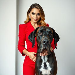 A beautiful 30-year-old woman dressed in a striking red outfit stands front-facing, looking directly at the camera with a provocative expression