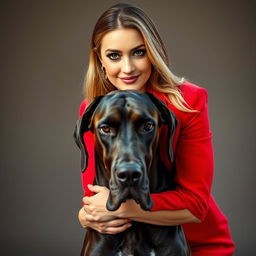 A beautiful 30-year-old woman dressed in a striking red outfit stands front-facing, looking directly at the camera with a provocative expression