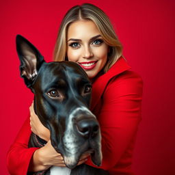 A beautiful 30-year-old woman dressed in a striking red outfit stands front-facing, looking directly at the camera with a provocative expression